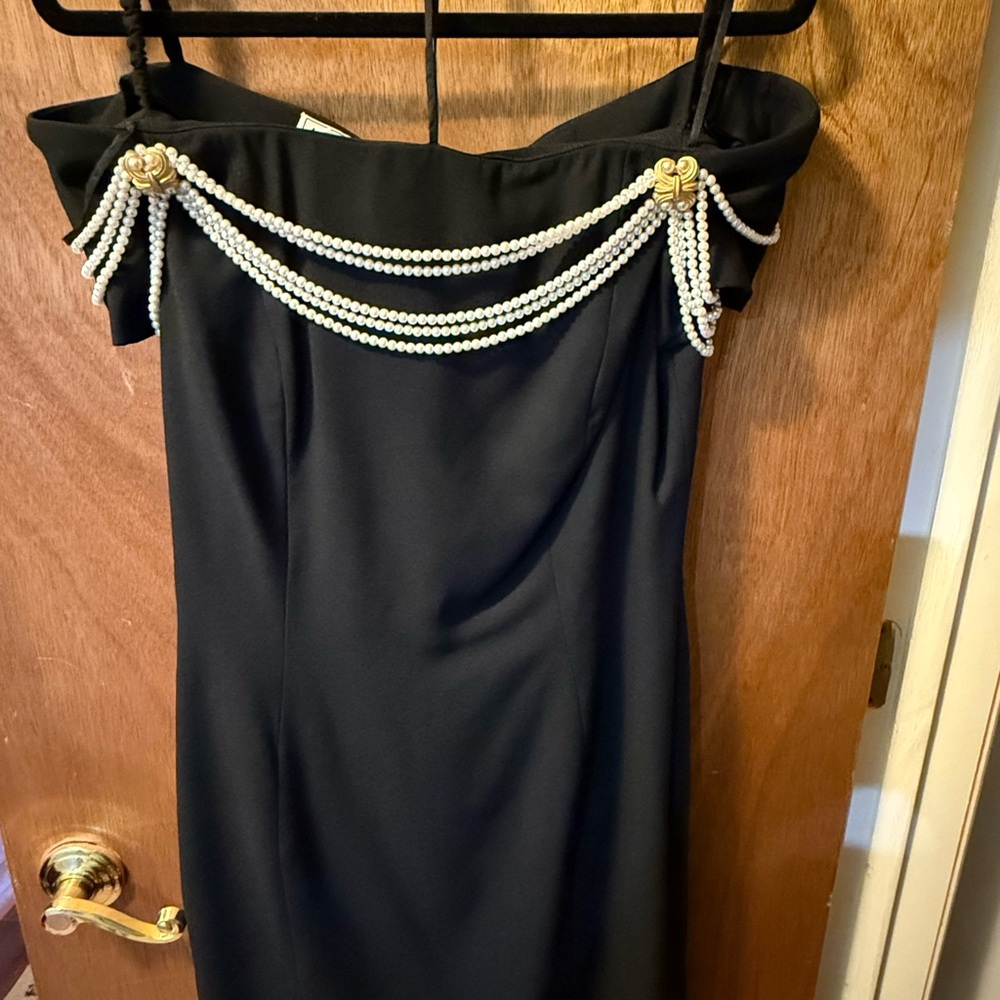 A.J. Bari Black Strapless Dress with Gold and White Accents